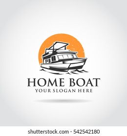 House boat template logo design. sunset and boat image. 