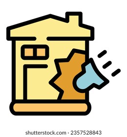 Vector de contorno de icono de ataque con bomba en la casa. Ataque aéreo. Color de alerta de guerra plano