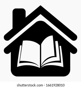 House and book icon. Reading room illustrations. Library. Archive. Place of enlightenment. Vector icon.