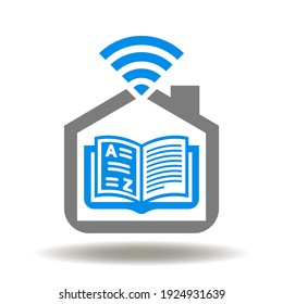 House with book vocabulary and wifi signal vector icon. Distance Electronic Learning Web Symbol. Online Home Education Logo.