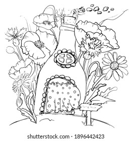 House bottle among the flowers. Graphics. Hand-drawn drawing. Coloring. Anti-stress.