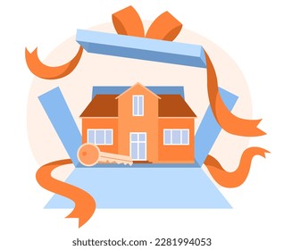 House in box. Metaphor of buying real estate and transactions with realtor. Investment and trading. Budget and savings, financial literacy. Opening gift box. Cartoon flat vector illustration