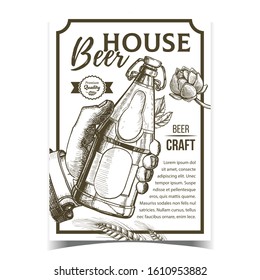 House Brewed Craft Beer Advertising Banner Vector. Man Hand Holding Blank Bottle With Alcoholic Drink Beer, Hops And Ears Of Wheat On Promotional Poster In Vintage Style. Brewery Beverage Illustration