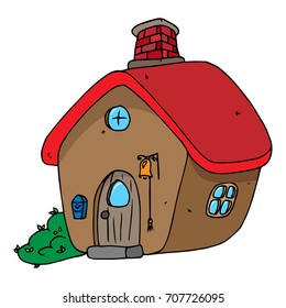 House with a brick pipe. Fairy hut icon. Vector illustration of a cartoon house with a bell. Hand drawn house with a doorbell in the form of a bell. 