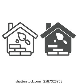 House bricks, trowel with cement line and solid icon, construction concept. Vector graphics. Cottage building repair sign on white background, outline style icon for mobile or web design