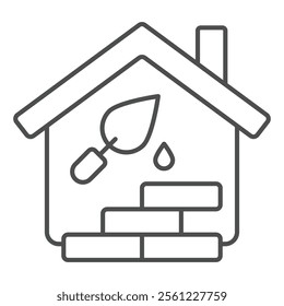 House bricks, trowel with cement thin line icon, construction concept. Vector graphics. Cottage building repair sign on white background, outline style icon for mobile or web design