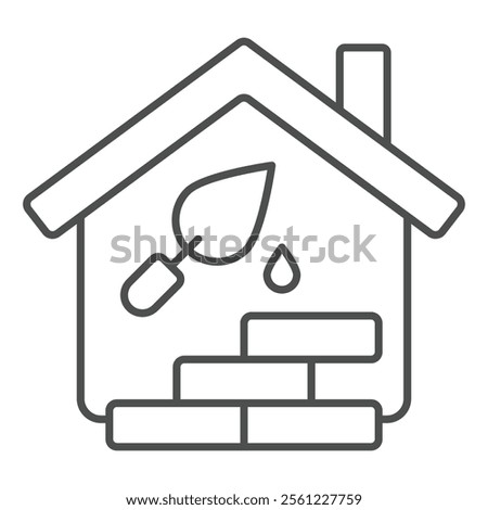 House bricks, trowel with cement thin line icon, construction concept. Vector graphics. Cottage building repair sign on white background, outline style icon for mobile or web design
