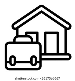 House and briefcase line icon, remote work concept. Vector graphics. Cottage building with portfolio bag sign on white background, style mobile or design