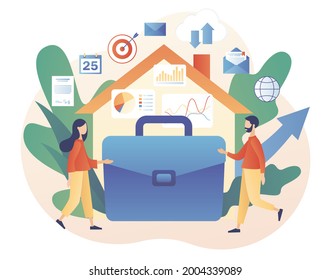 House and briefcase as metaphor for work at home. Remote working. Tiny people from around the world connecting and working online. Freelance. Modern flat cartoon style. Vector illustration 