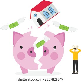 House broke savings piggybank, payment and cost, expensive payment, high interest rate mortgage, Vector illustration design concept in flat style

