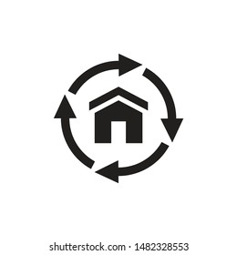 House build and arrows - black web icon. Graphic design element.  Vector illustration. 