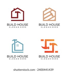House build logo vector design with hammer style and creative concept