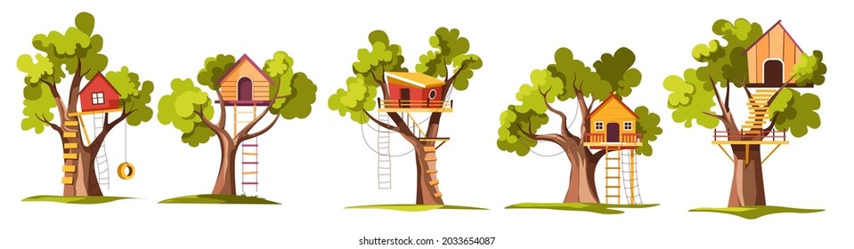 House Build On Tree Made Of Wooden Material, Treehouse For Kids To Play. Fantasy Building With Ladders To Climb, Countryside Or Rural Area, Summertime And Rest Outdoors. Vector In Flat Styles