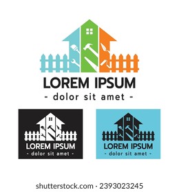 Logotipo de House Builder,Servicio de Reparación de la Casa,Concepto de Handyman de herramienta de trabajo de construcción en ilustración de vector de fondo blanco