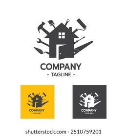 House Builder Logo,House Repair Service,Conceito Handyman da ferramenta do trabalhador do edifício da construção no vetor do fundo branco ilustração