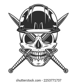 House builder skull with sword and hard hat from new construction and remodeling business vintage style illustration