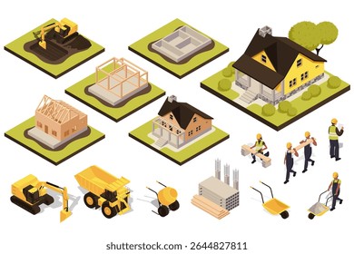 Casa de construção 3d conjunto isométrico. Coleção isolados elementos planos de escavação escavadora, fundação, vazamento, quadro, paredes, construtores, placas, concreto, pilhas, máquinas, mais. Ilustração vetorial.