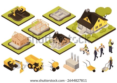 House building 3d isometric set. Collection isolated flat elements of excavator digging, foundation, pouring, frame, walls, builders, boards, concrete, piles, machinery, more. Vector illustration.