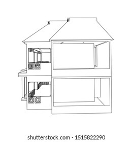 House building architecture concept illustration. Blueprint or Wire-frame style. modern architecture exterior. architecture abstract. 