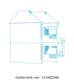 House building architecture concept illustration. Blueprint or Wire-frame style. modern architecture exterior. architecture abstract. 