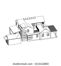 House building architecture concept sketch 3d illustration. modern architecture exterior. architecture abstract. Blueprint or Wire-frame style