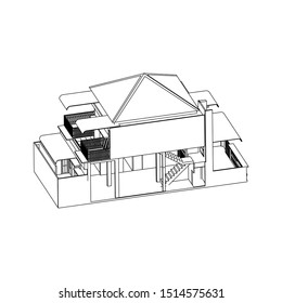 House building architecture concept sketch 3d illustration. modern architecture exterior. architecture abstract. Blueprint or Wire-frame style