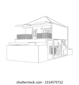 House building architecture concept sketch 3d illustration. modern architecture exterior. architecture abstract. Blueprint or Wire-frame style