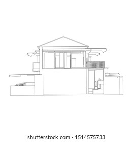 House building architecture concept sketch 3d illustration. modern architecture exterior. architecture abstract. Blueprint or Wire-frame style