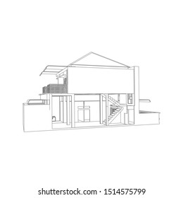 House building architecture concept sketch 3d illustration. modern architecture exterior. architecture abstract. Blueprint or Wire-frame style