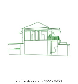 House building architecture concept sketch 3d illustration. modern architecture exterior. architecture abstract. Blueprint or Wire-frame style