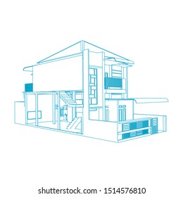 House building architecture concept sketch 3d illustration. modern architecture exterior. architecture abstract. Blueprint or Wire-frame style
