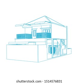 House building architecture concept sketch 3d illustration. modern architecture exterior. architecture abstract. Blueprint or Wire-frame style
