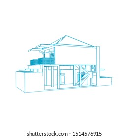 House building architecture concept sketch 3d illustration. modern architecture exterior. architecture abstract. Blueprint or Wire-frame style