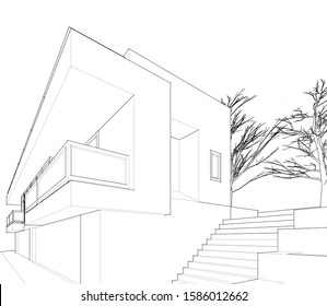 House building architecture concept sketch 3d illustration
