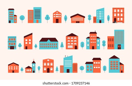 House Building City Landscape. Neighborhood Town House Facade Exterior Flat Design. Colorful Townhouse Building Apartment Set Front View Isolated On Pastel Background. Vector Illustration
