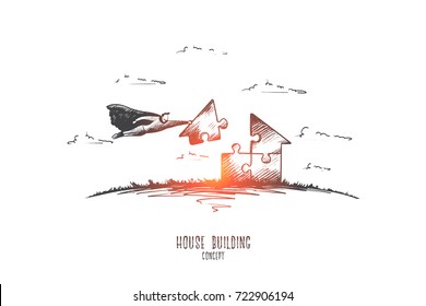 House building concept. Hand drawn superhero building a house. Real estate construction isolated vector illustration.