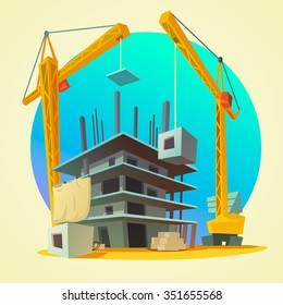 House building concept with retro style construction machinery cartoon vector illustration