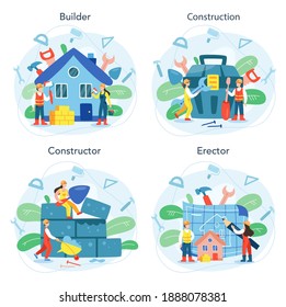 House building concept set. Workers constructing home with tools and materials. Process of house building. City development concept. Isolated flat vector illustration