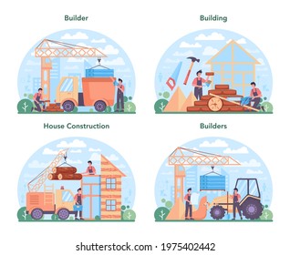 House building concept set. Workers constructing home with tools and materials. Process of house building. City development concept. Isolated flat vector illustration