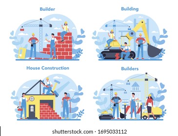 House building concept. Workers constructing home with tools and materials. Process of house building. City development concept. Isolated flat vector illustration