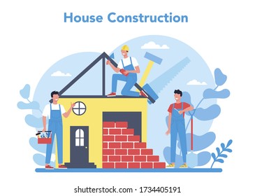 House building concept. Workers constructing home with tools and materials. Process of house building. City development concept. Isolated flat vector illustration