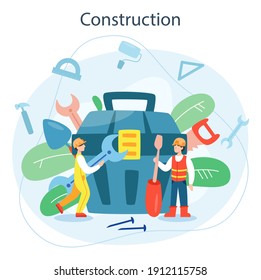 House building concept. Workers constructing home with tools and materials. Process of house building. City development concept. Isolated flat vector illustration