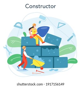 House building concept. Workers constructing home with tools and materials. Process of house building. City development concept. Isolated flat vector illustration