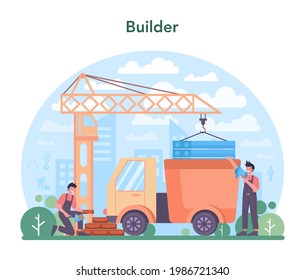 House building concept. Workers constructing home with tools and materials. Process of house building. City development concept. Isolated flat vector illustration