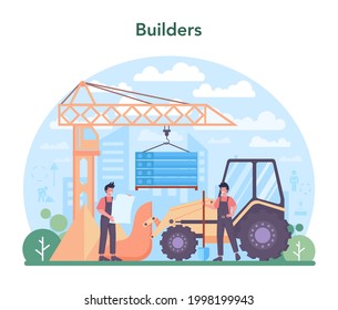 House building concept. Workers constructing home with tools and materials. Process of house building. City development concept. Isolated flat vector illustration