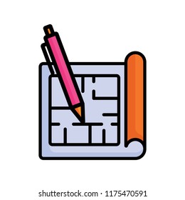 House or building construction plan on paper with pen vector illustration