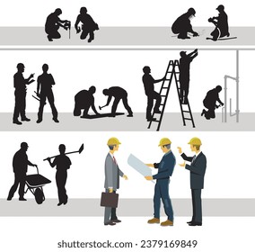 House building construction site with construction workers  illustration