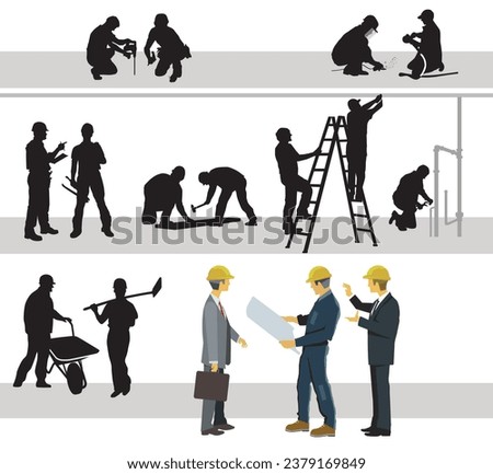 House building construction site with construction workers  illustration