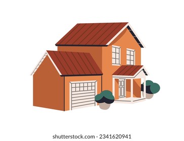 House building exterior. Classic home facade with garage, porch. Two-story property, residential suburban real estate from outdoor, outside. Flat vector illustration isolated on white background