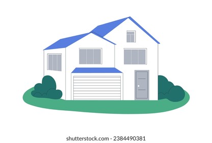 House building exterior. Residential home facade. Real estate, property. Residence construction with garage, windows, residence architecture. Flat vector illustration isolated on white background